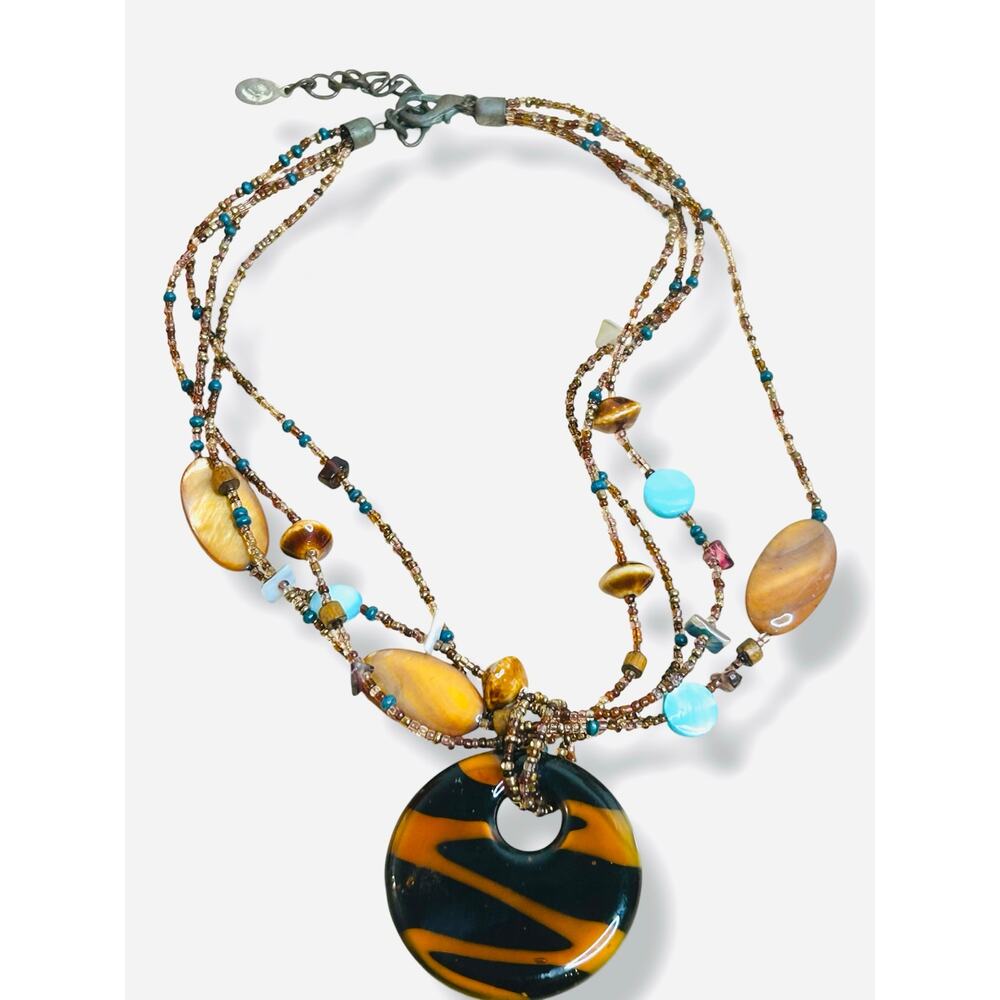 Vintage Multi Strand Glass Beaded
Necklace Tiger Stripe Donut Pendant
Boho